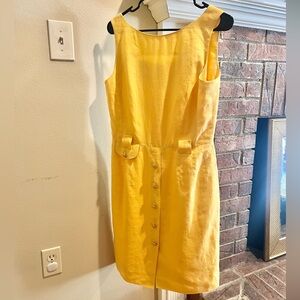 Escada Vintage 100% Linen Yellow Dress Gold Buttons Made In Switzerland Size 38